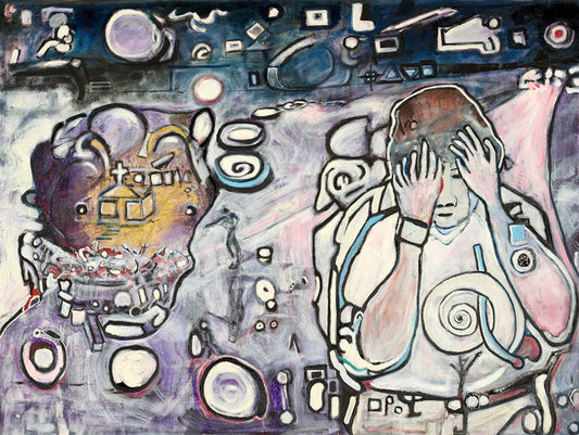 There's A Shooter Down at The School, 2023, oil on canvas, 30 x 40 in. / 76.2 x 101.6 cm.