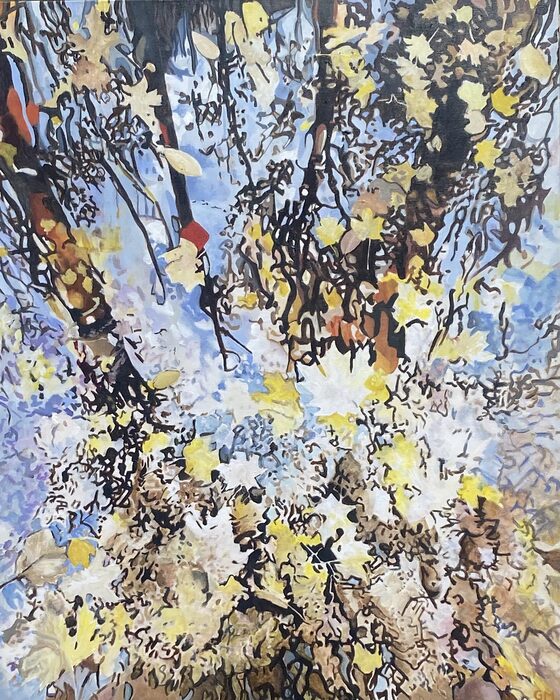 Trees Reflected in Water and Leaf Litter, 2023, acrylic on canvas, 30 x 24 in. / 76.2 x 60.96 cm.