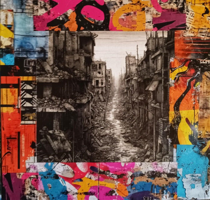 URBAN BLIGHT #2, 2024, mixed media collage on canvas, 12 x 12 in. / 30.48 x 30.48 cm.