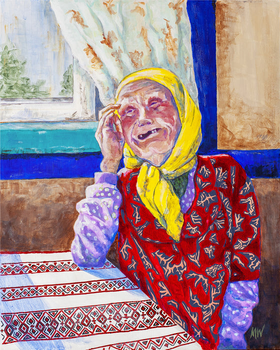 Ukrainian Babushka, 2022, acrylic on board, 20 x 16 in. / 50.8 x 40.64 cm.