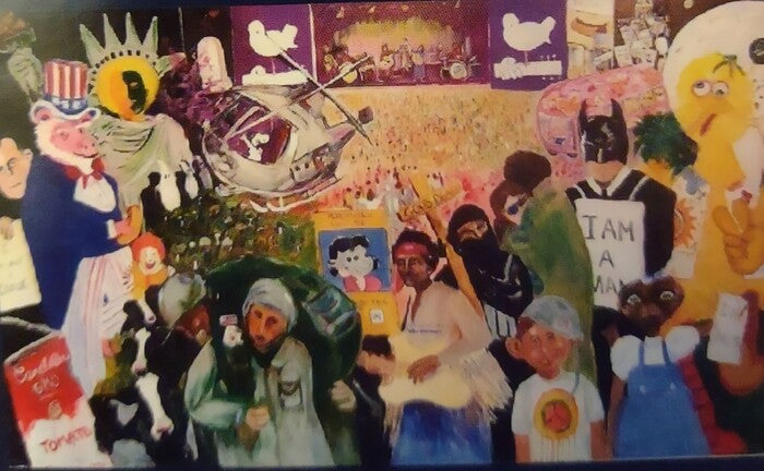 1969: Vietnam, Civil Rights & Woodstock, 2017, acrylic, 5.6 x 10 ft. / 66 x 120 in.