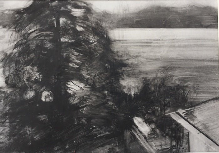 View from Ikar Hut, Lake Ohrid, 2019, graphite putty on yupo, 5 x 7 in. / 12.7 x 17.78 cm.