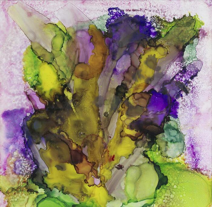 WILD GARDEN BOUQUET, 2024, alcohol ink reverse painting on plexiglass, 12 x 12 in. / 30.48 x 30.48 cm.