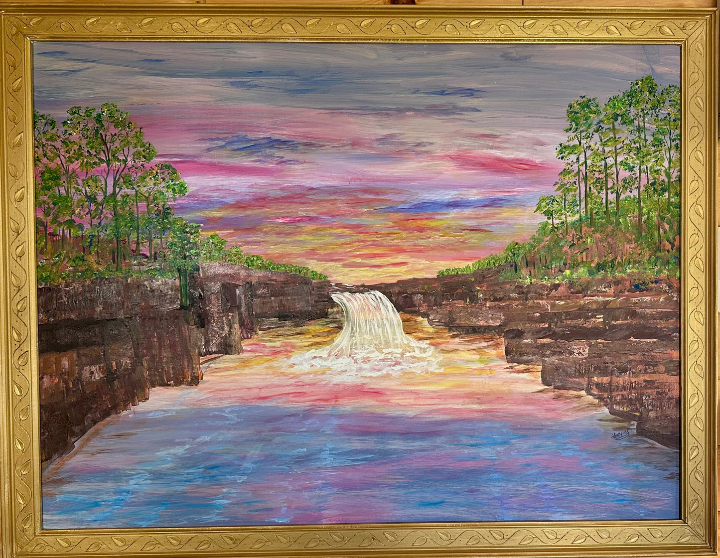 Waterfall at Dawn, 2024, acrylic on canvas, 36 x 48 in. / 91.44 x 121.92 cm.