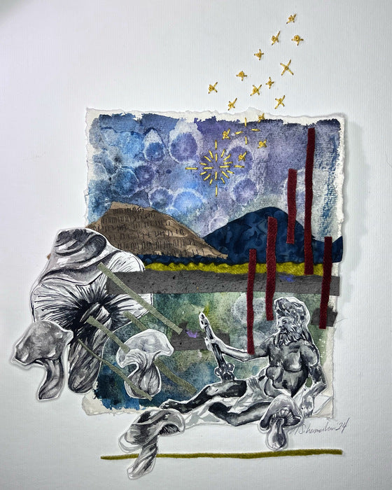 We Call the Stars to the Mushrooms, 2024, mixed media, 11 x 16 in. / 27.94 x 40.64 cm.