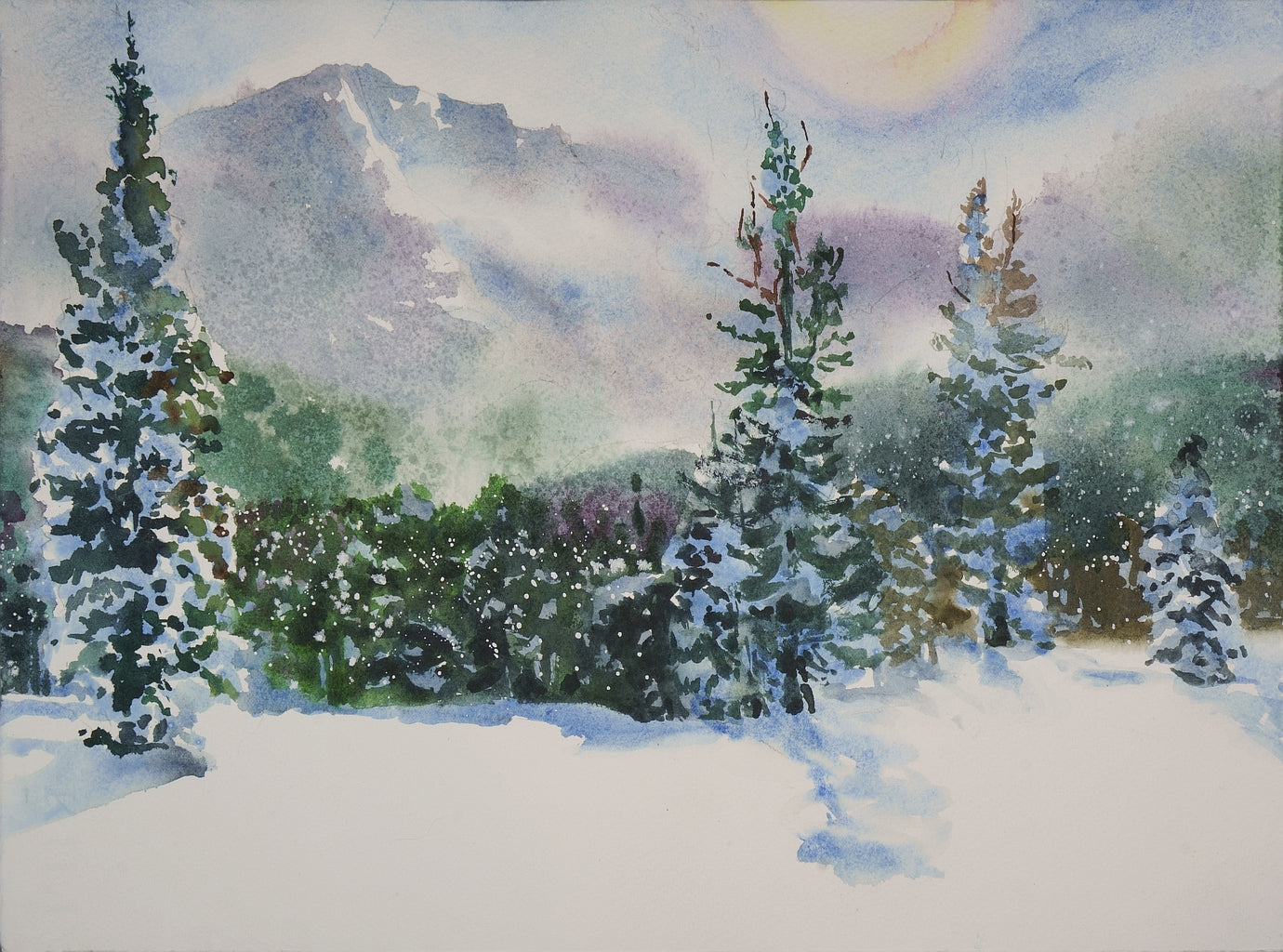 Weather Clearing at Meadow Views, 2024, watercolor on paper, 11 x 15 in. / 27.94 x 38.1 cm.