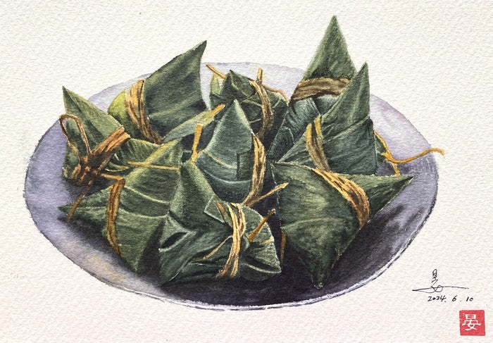 Zongzi - Traditional Chinese Rice-Pudding, 2024, watercolor painting, 7 x 10 in. / 17.78 x 25.4 cm.