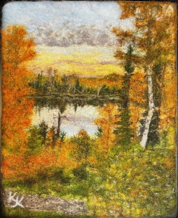 Autumn Overlook on Onagon, 2023, needle felting with wool, hemp, viscose and silk fibers, 10 x 8 in. / 25.4 x 20.32 cm.