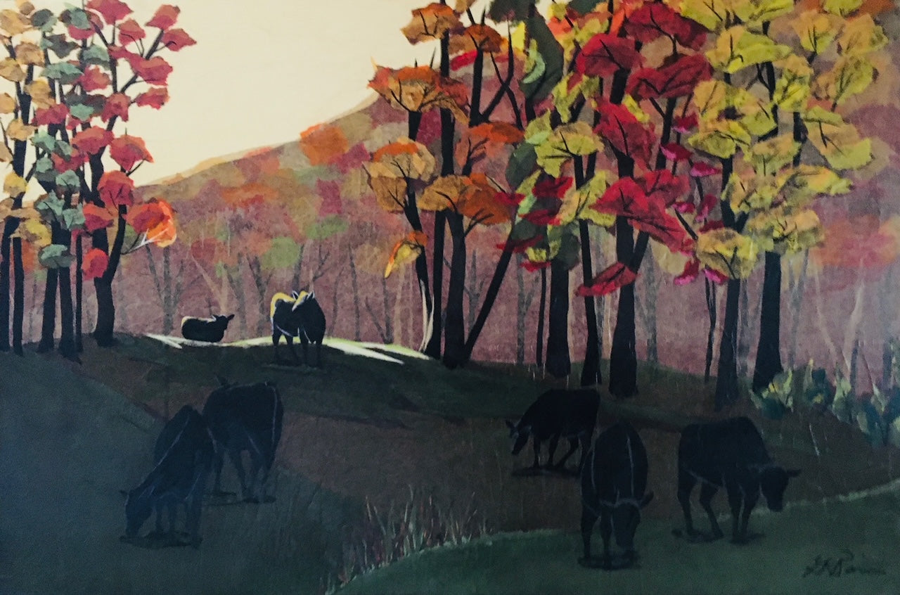 October Morning, 2023, tissue paper collage, 24 x 36 in. / 60.96 x 91.44 cm.