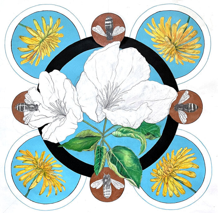 Life is in the Balance: Apple Blossoms and Bees, 2023, mixed media on paper, 30 x 30 in. / 76.2 x 76.2 cm.