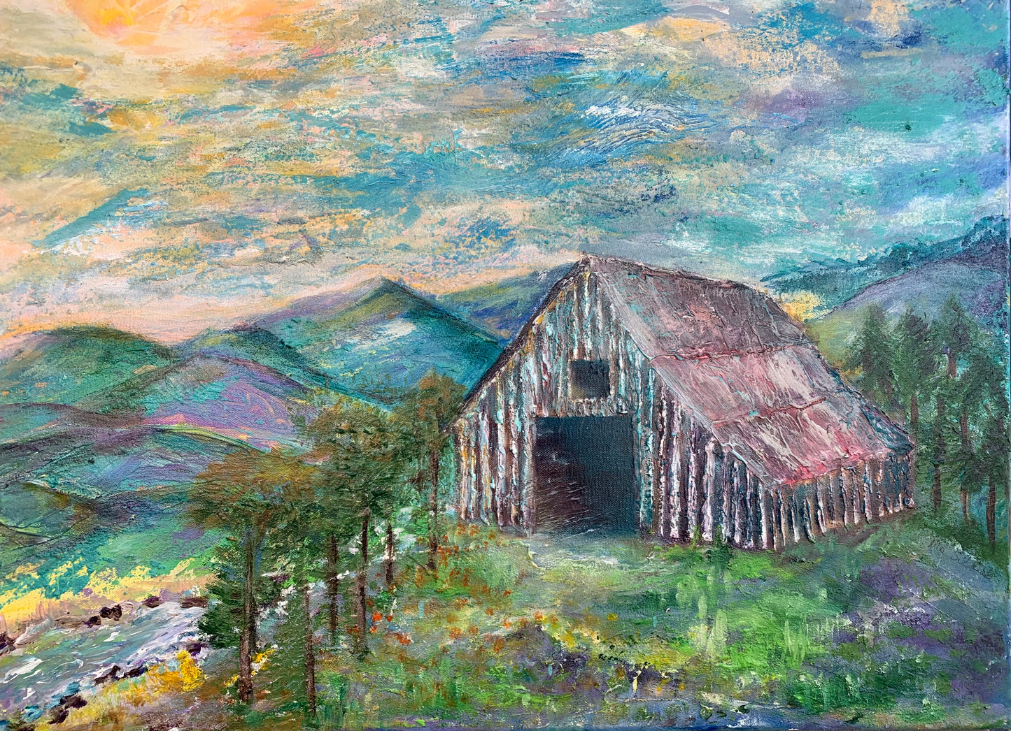 Barn in the Mountains, 2023, textured acrylic on canvas, 20 x 30 in. / 50.8 x 76.2 cm.