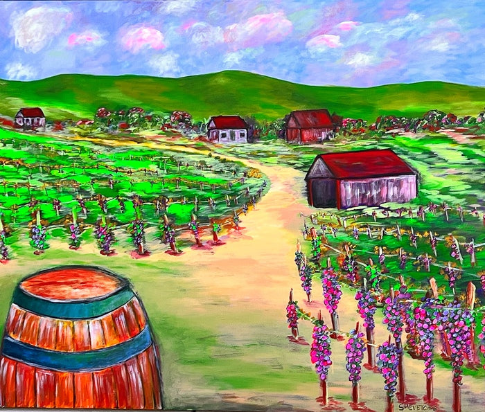 Barns and the Noble Barrel, 2022, acrylic on canvas, 48 x 60 in. / 121.92 x 152.4 cm.