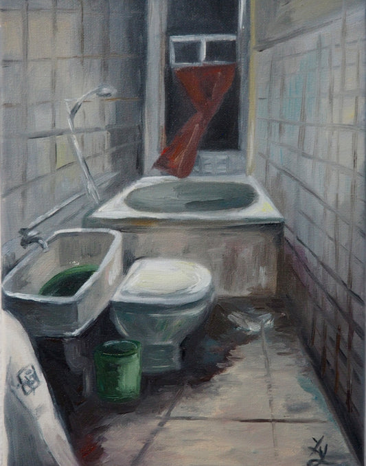 The Inner Bathroom, 2025, oil on canvas, 14 x 11 in. / 35.56 x 27.94 cm.