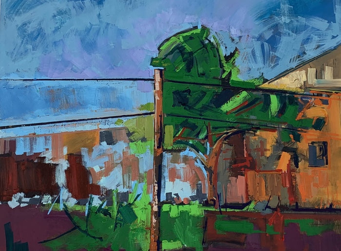 Bldg. 238 Through the Trees, 2020, oil on board, 30 x 40 in. / 76.2 x 101.6 cm.