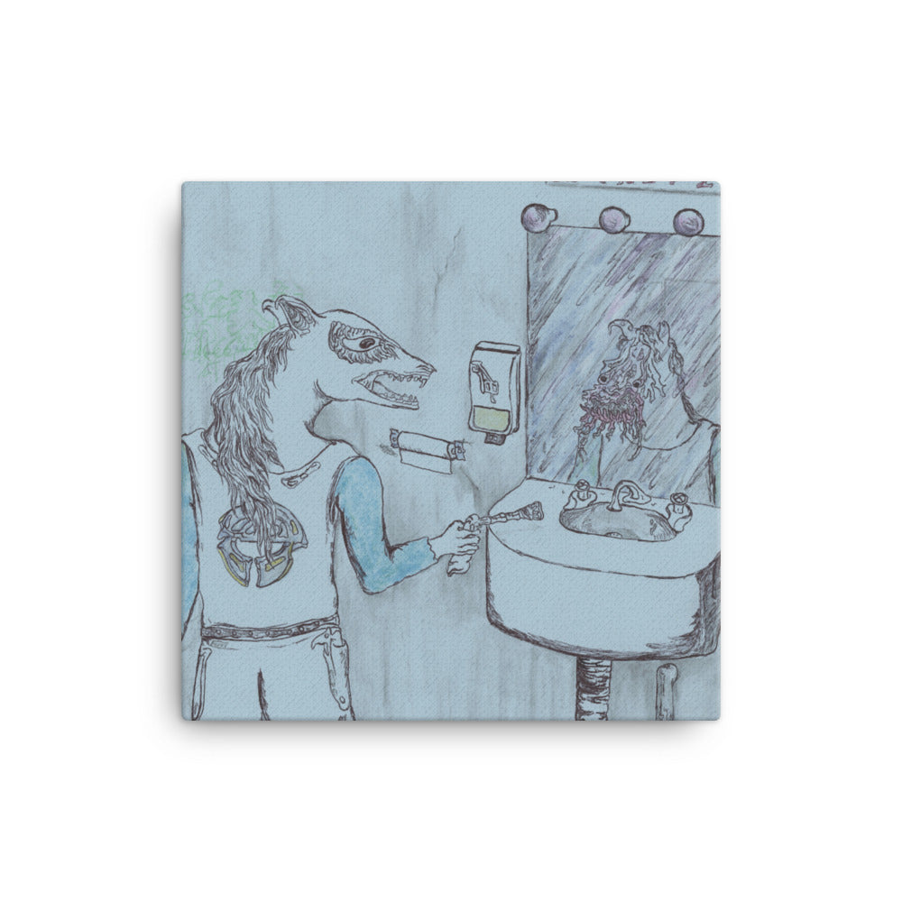 Freaking Out in the Bathroom, 2023, colored pencil on canvas print