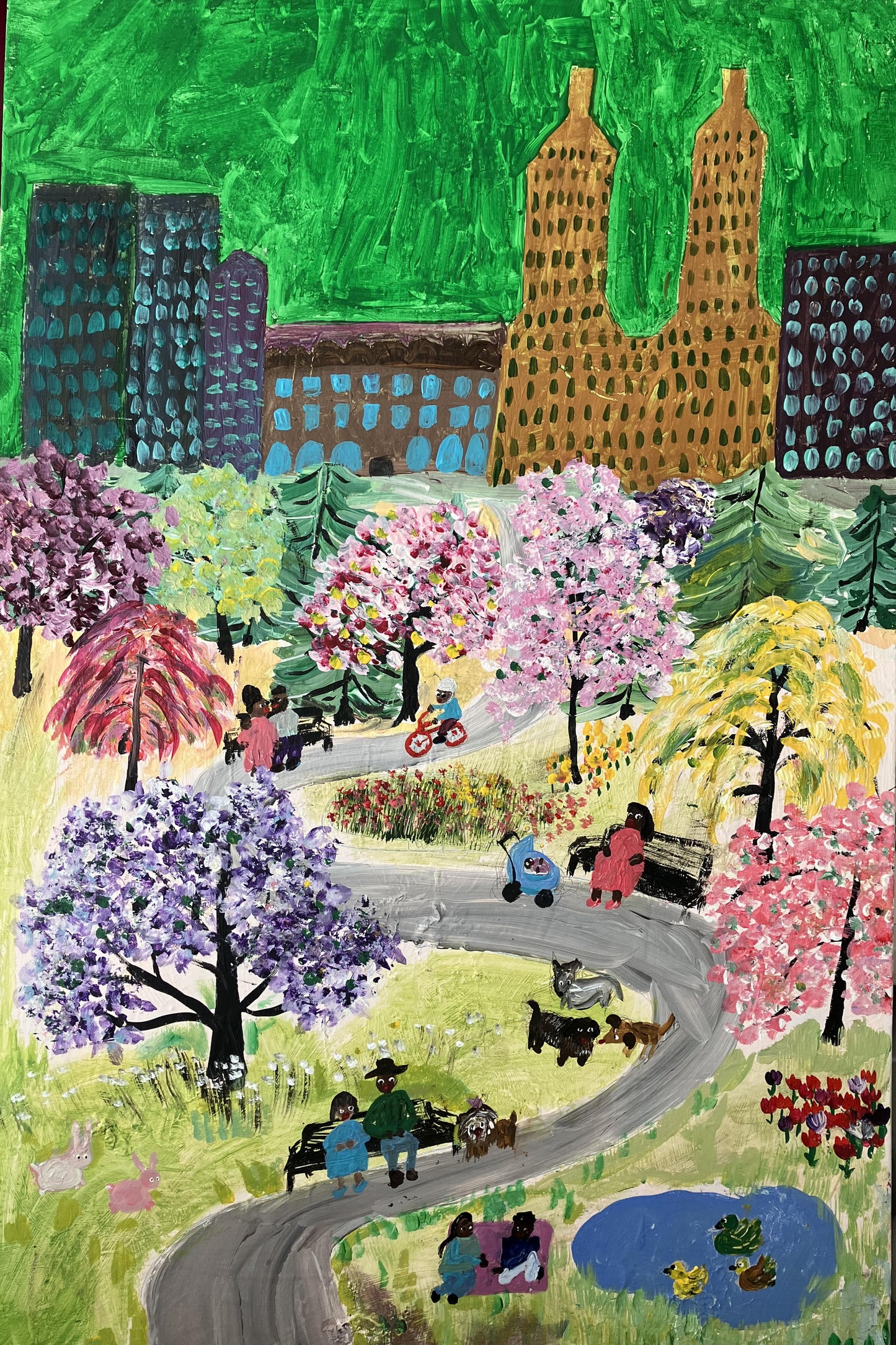 Central Park with Joey, 2024, mixed media on canvas, 38 x 32 in. / 96.52 x 81.28 cm.
