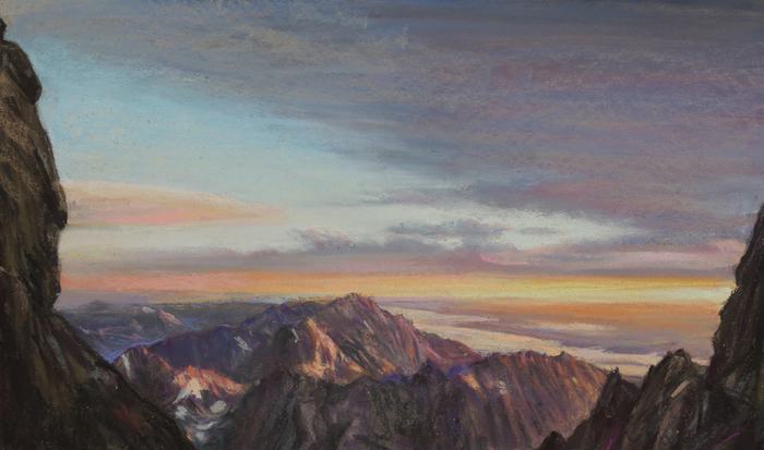 Dawn From the Upper Saddle, 2014, pastel, 14 x 24 in. / 35.56 x 60.96 cm.