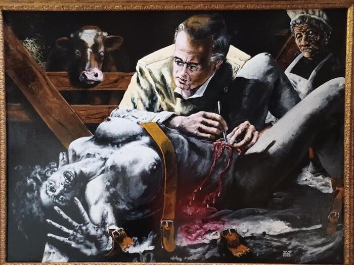 Dr. J. Marion Sims' Slave-Surgical-Research, 2021, acrylic, 31 x 40 in. / 78.74 x 101.6 cm.