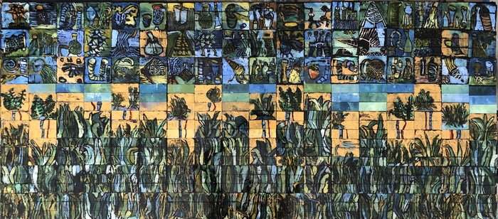 Everglades in Peril, 2022, acrylic and powdered pigment on glass, 24 x 54 in. / 60.96 x 137.16 cm.