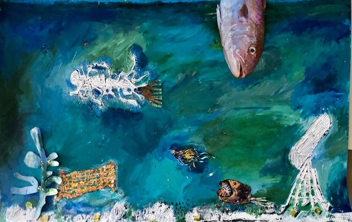 Fish Out of Water, 2023, mixed media on paper, 24 x 36 in. / 60.96 x 91.44 cm.