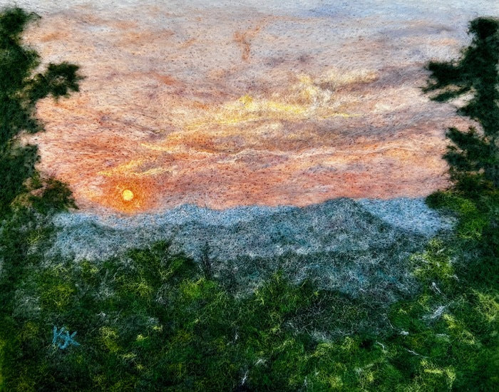 Hampton Parish Sunset Vista, 2023, wool needle felting, 11.5 x 9.5 in. / 29.21 x 24.13 cm.