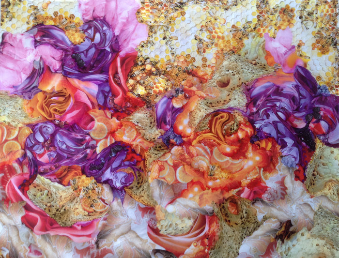 Honey Bees in the Garden, 2020, mixed media, 32 x 44 in. / 81.28 x 111.76 cm.