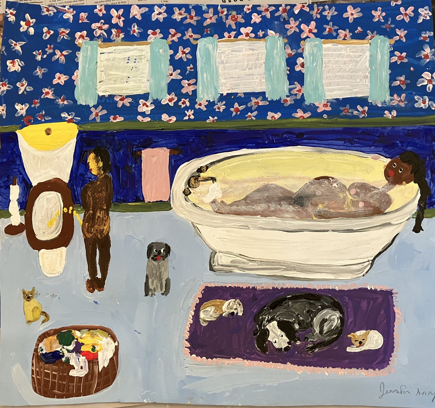 In The Bath, 2024, mixed media on paper, 18 x 24 in. / 45.72 x 60.96 cm.