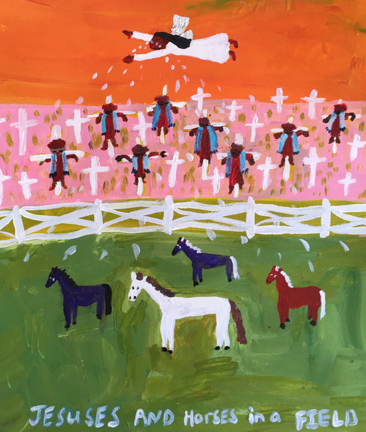Jesuses and Horses in a Field, 2022, mixed media on paper, 22 x 18 in. / 55.88 x 45.72 cm.