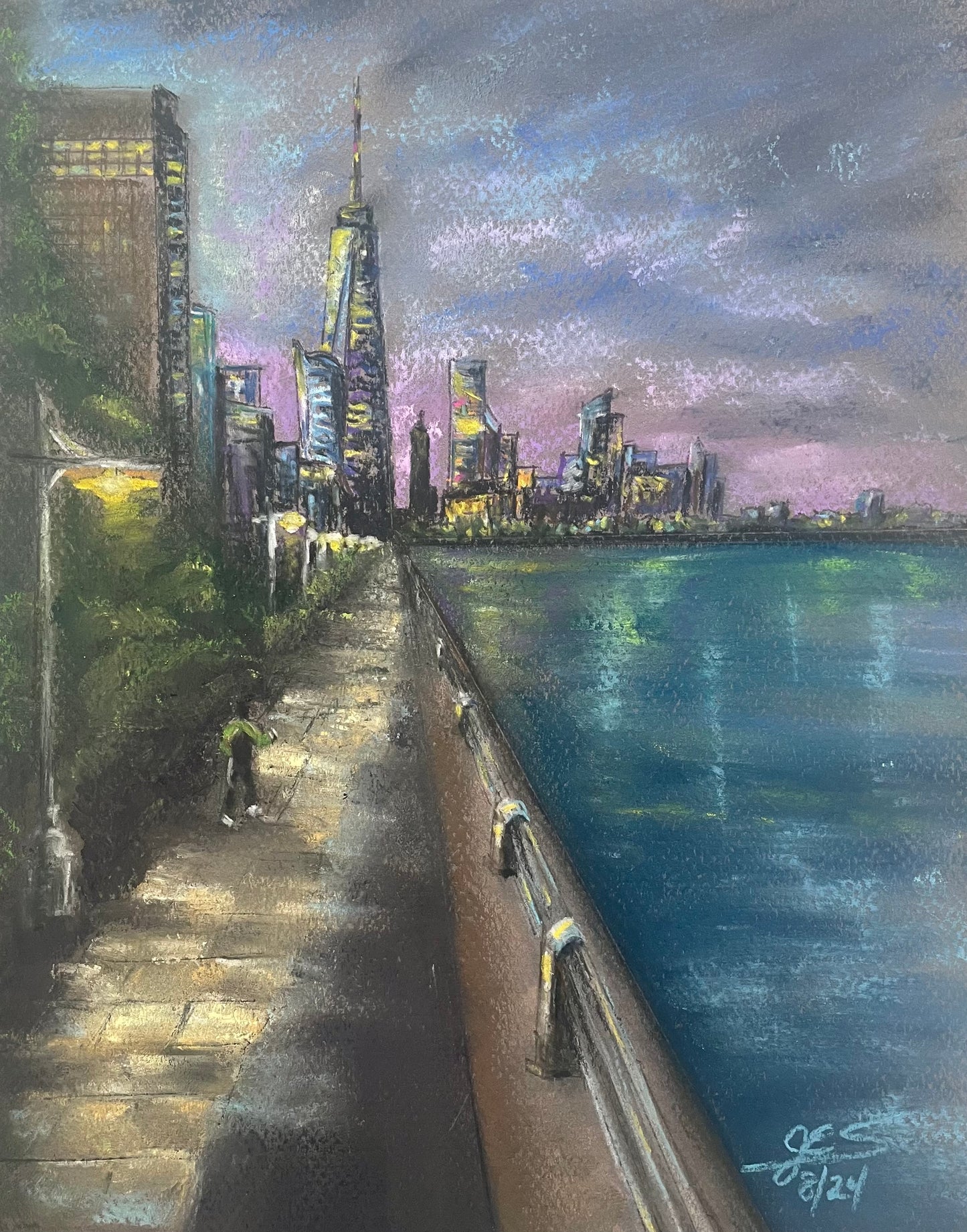 Jogging South on the Lower West Side, 2024, soft pastels, 8 x 10 in. / 20.32 x 25.4 cm.