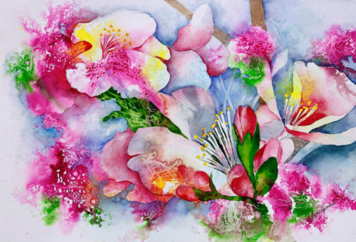 Lake Balboa's Cherry Blossoms, 2014, watercolor and ink, 22 x 30 in. / 55.88 x 76.2 cm.