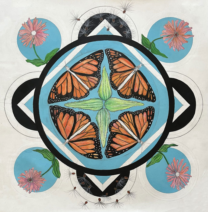 Life is in the Balance: Monarch and Milkweed, 2023, mixed media on paper, 30 x 30 in. / 76.2 x 76.2 cm.