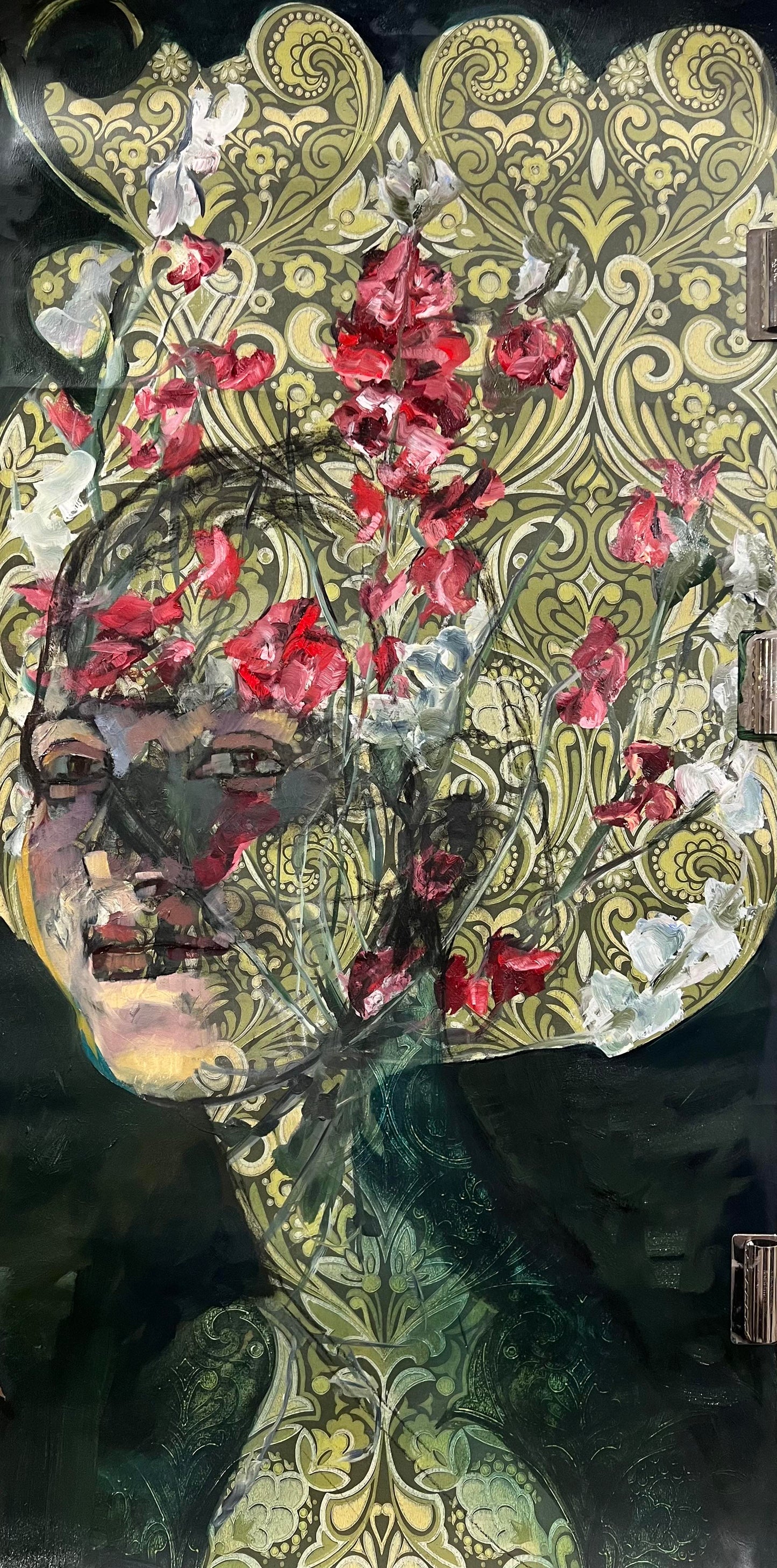 Liv, 2023, oil on vintage wallpaper, 20 x 35 in. / 50.8 x 88.9 cm.