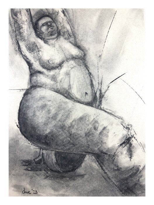 Low Lunge, 2023, vine charcoal, 24 x 18 in. / 60.96 x 45.72 cm.