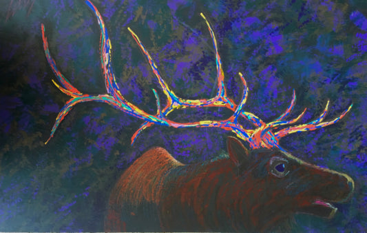 "Magnificent Elk", 2022, mixed media, 26 x 18 in. / 66.04 x 45.72 cm.