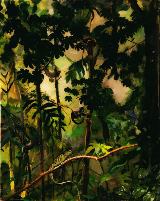 Monkeys Tropical Rainforest, 2021, mixed media on aquabord, 24 x 18 in. / 60.96 x 45.72 cm.
