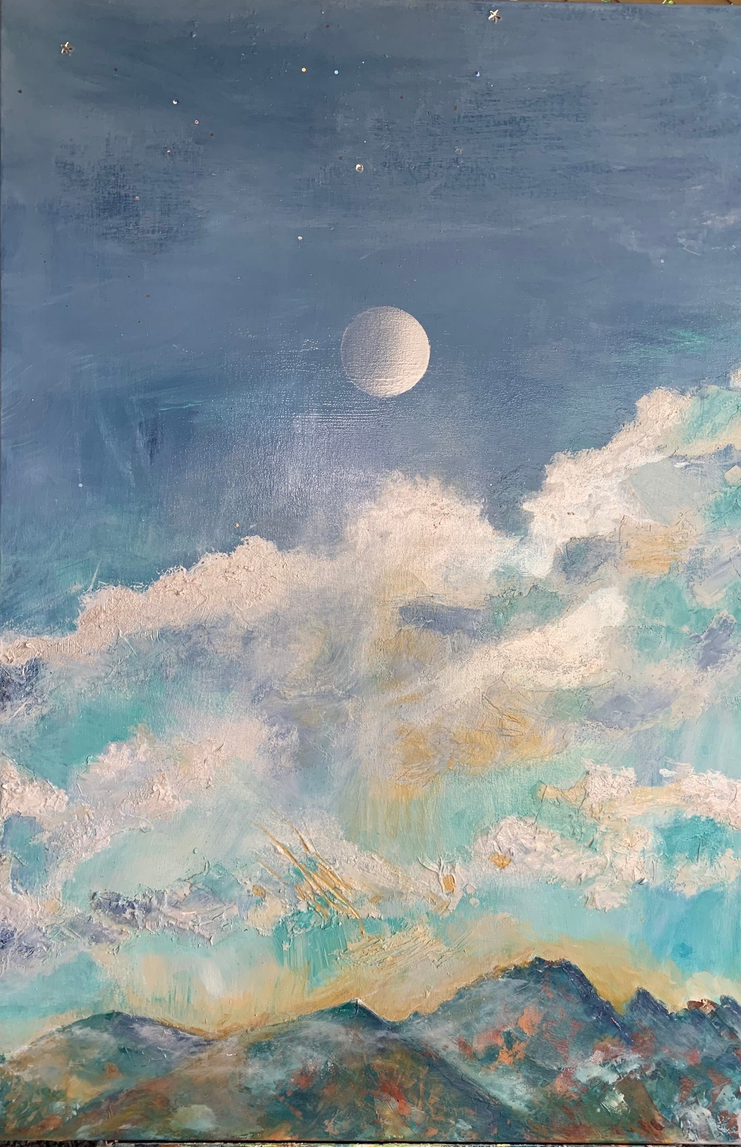 Moonrise over Mountains, 2023, textured acrylic on canvas, 24 x 36 in. / 60.96 x 91.44 cm.