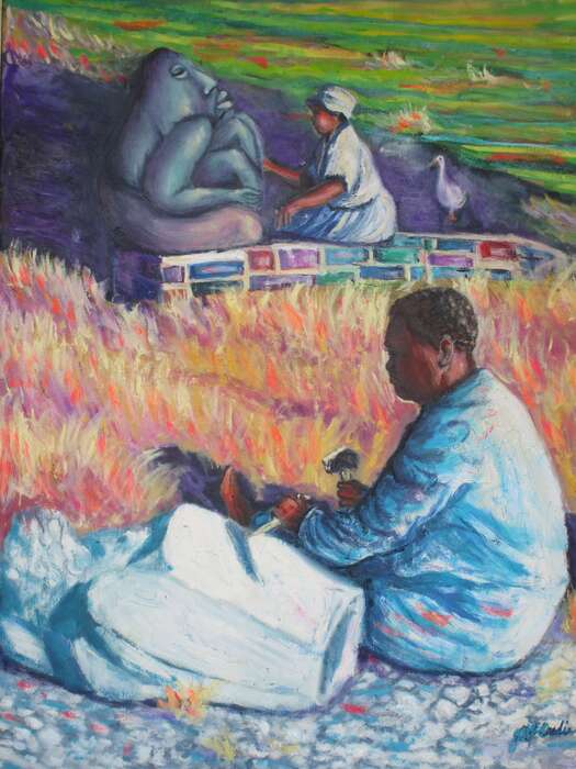 Moses Masaya, Shona Sculptor, 2023, oil on canvas, 34 x 24 in. / 86.36 x 60.96 cm.