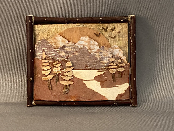 Mountain View, 2023, birch bark and twigs, 2.5 x 3 in. / 6.35 x 7.62 cm.