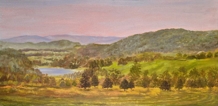 Mudge Pond, Late Summer, 2022, oil on canvas, 12 x 24 in. / 30.48 x 60.96 cm.