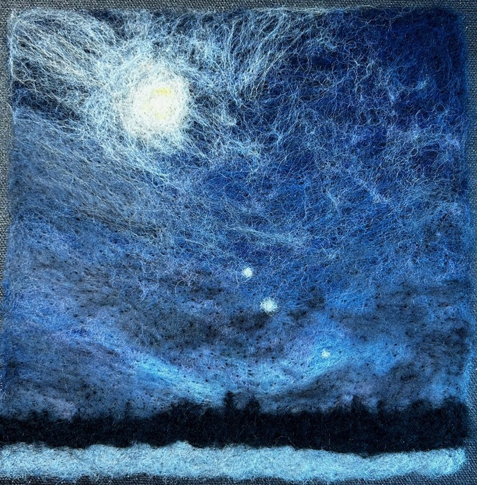 Nearing Conjunction, 2023, wool needle felting, 8 x 8 in. / 20.32 x 20.32 cm.