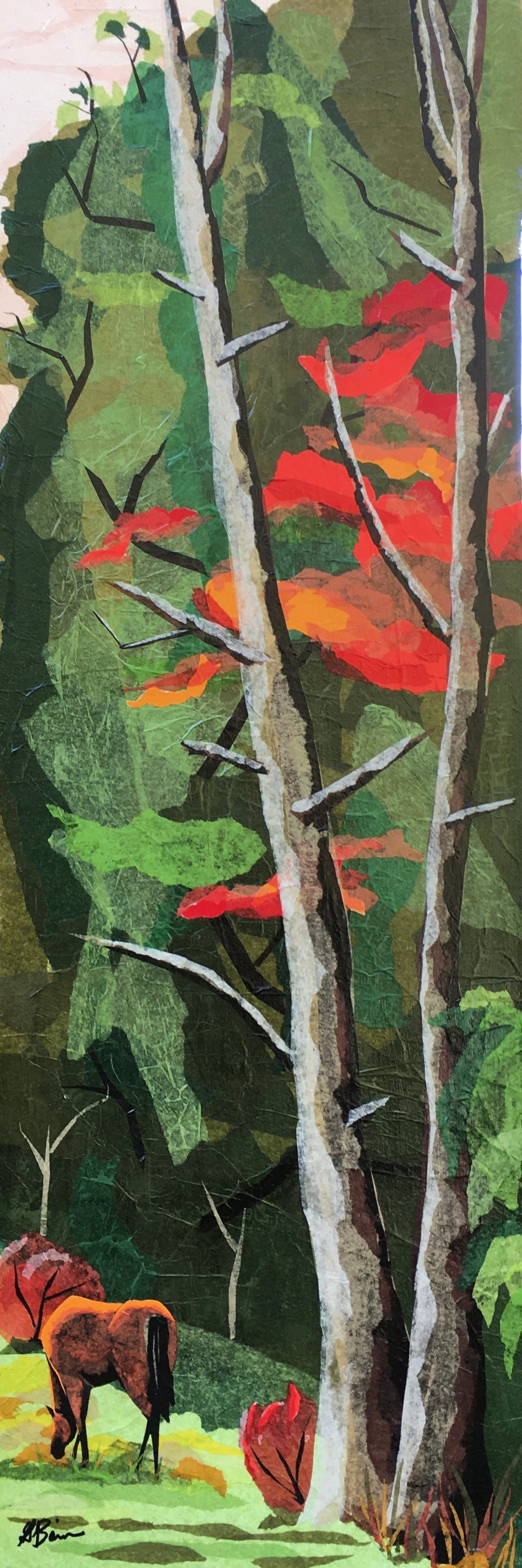 Oakbones in Autumn, 2023, tissue paper collage, 36 x 12 in. / 91.44 x 30.48 cm.