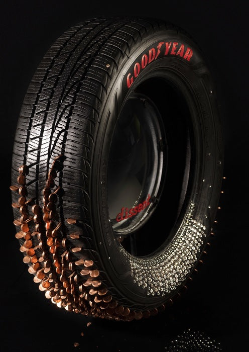 The Penny Test - Ledbetter v Goodyear, 2020, mixed media, 28 x 28 x 10 in. / 71.12 x 71.12 x 25.4 cm.