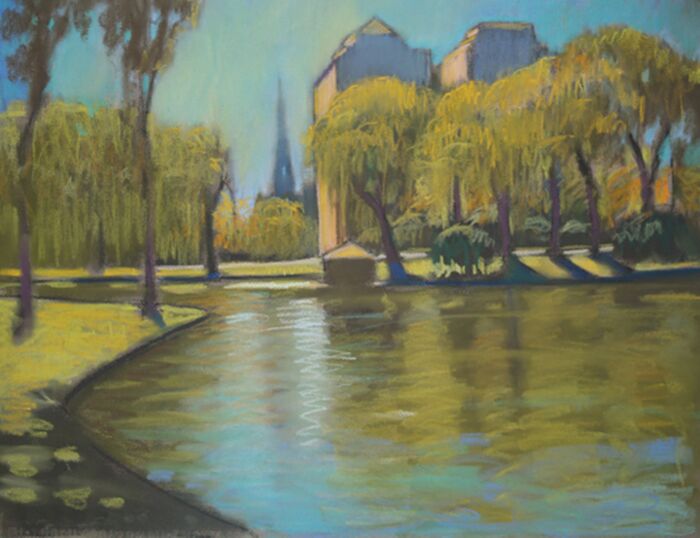 Public Gardens, Boston, 2018, chalk pastel on paper, 19 x 25 in. / 48.26 x 63.5 cm.