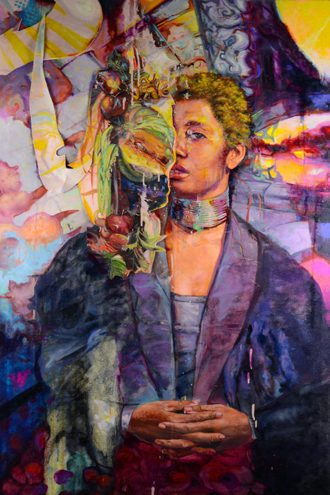 Queen of the Cowboys, 2020, oil and surgical thread on polyester, 30 x 45 in. / 76.2 x 114.3 cm.
