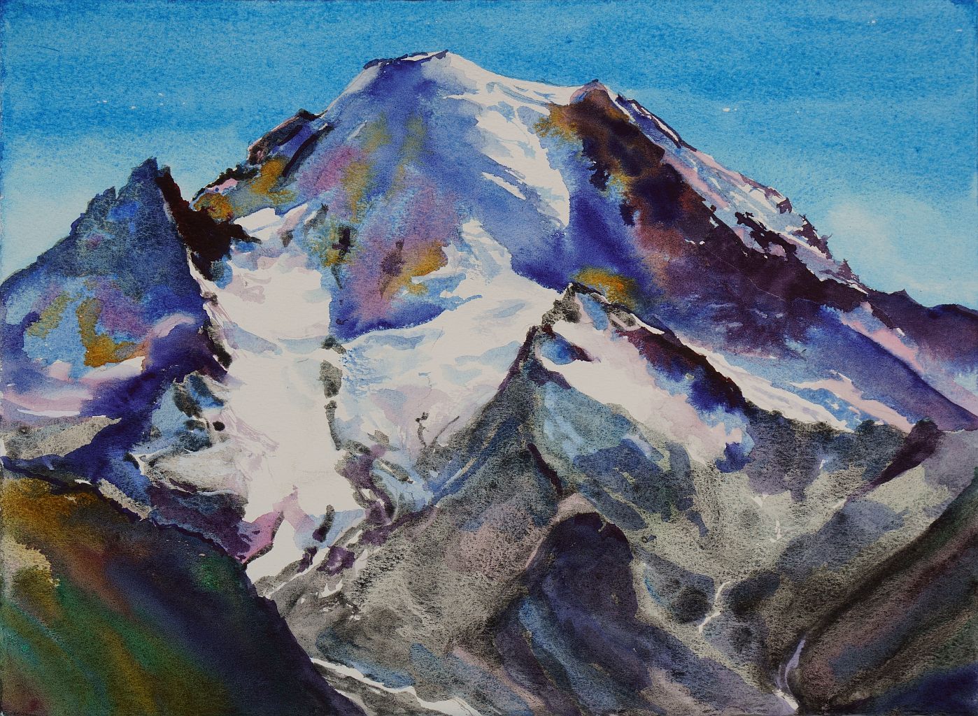 Rainier from Dege Peak, 2023, watercolor on paper, 11 x 15 in. / 27.94 x 38.1 cm.