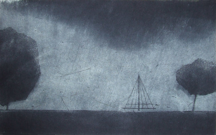 Rain, the Commons, 2022, etching on spit-bite aquatint, 12 x 18 in. / 30.48 x 20.32 cm.