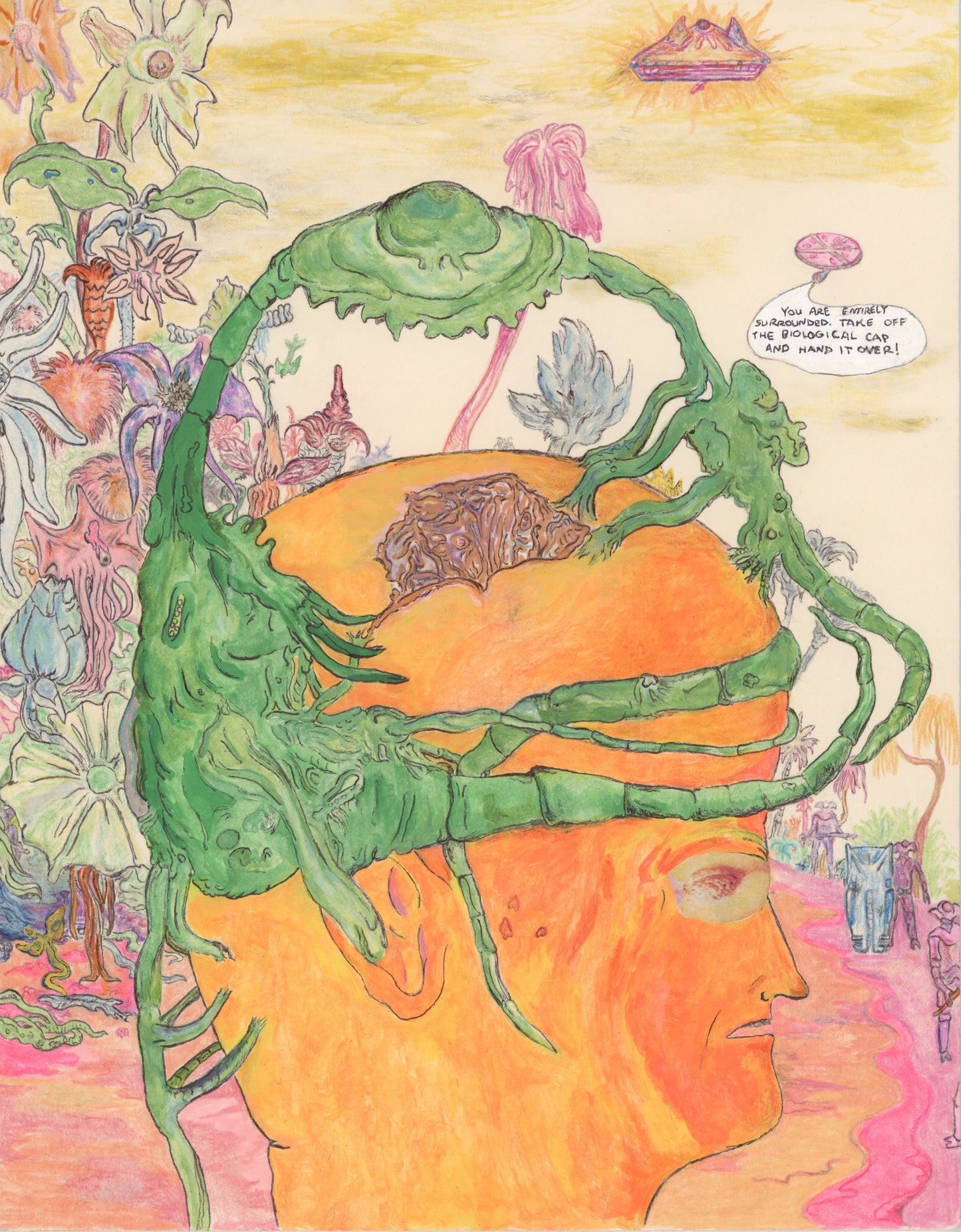 Recapturing the Limited Edition Biological Cap, 2023, mixed media on paper, 11 x 8.5 in. / 27.94 x 21.59 cm.