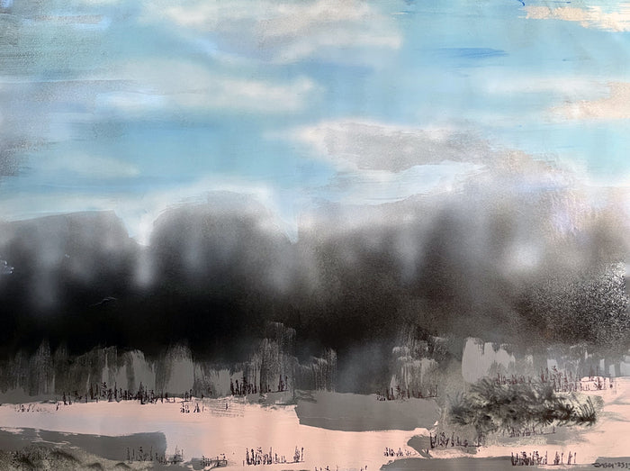 River Bed, 2023, mixed media on cotton stock, 30 x 40 in. / 76.2 x 101.6 cm.