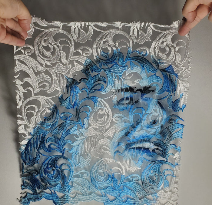 See Blue, 2022, acrylic on lace, 18 x 12 in. / 45.72 x 30.48 cm.