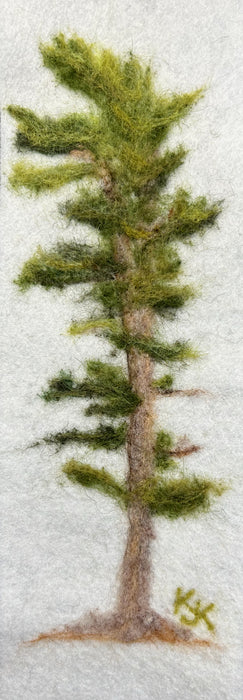Solitary White Pine II, 2023, needle felting with wool fibers, 8 x 3 in. / 20.32 x 7.62 cm.